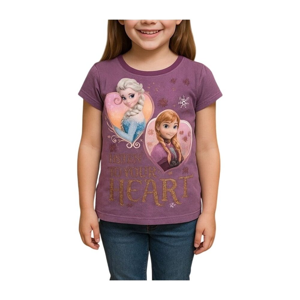 Disney Frozen Kids Glittery Graphic Tee Top With Elsa & Anna Design Size 6